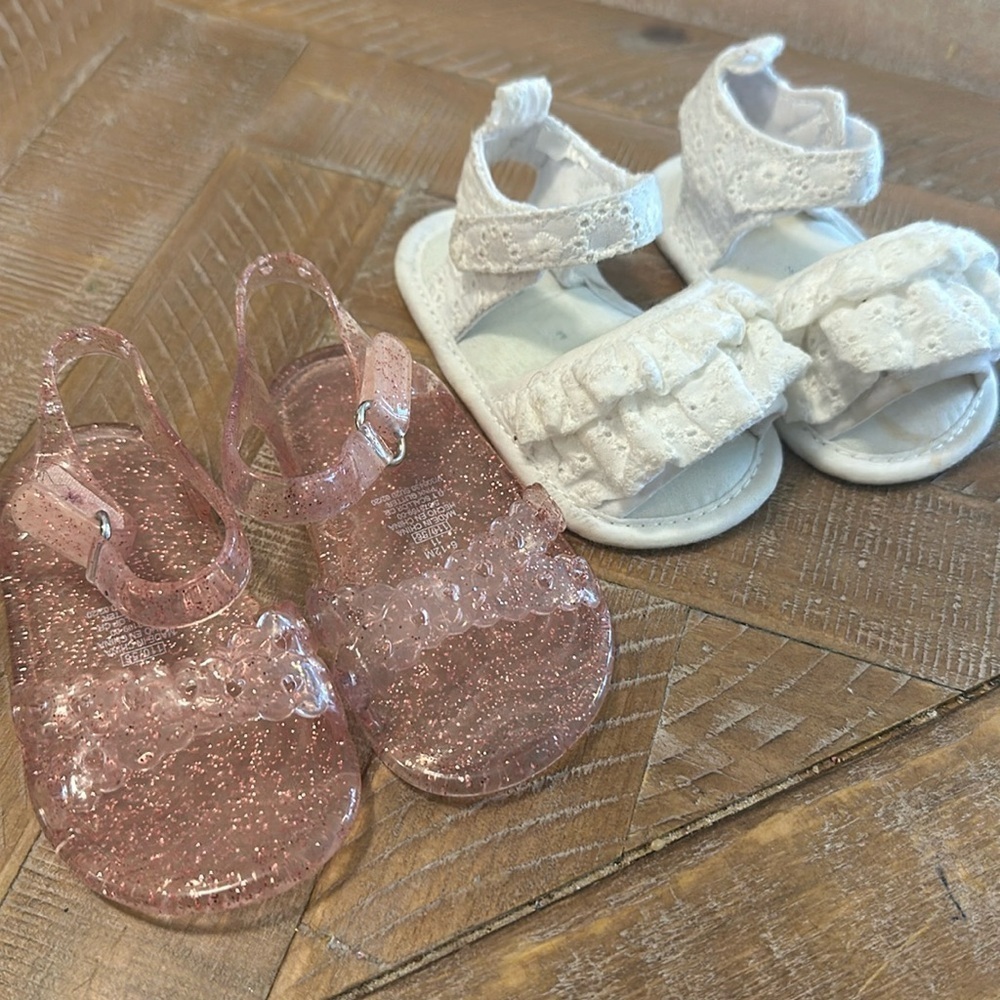 Bundle of Baby Girl Jelly Pink Sparkle & Eyelet White Ruffle 6-12 month Sandals